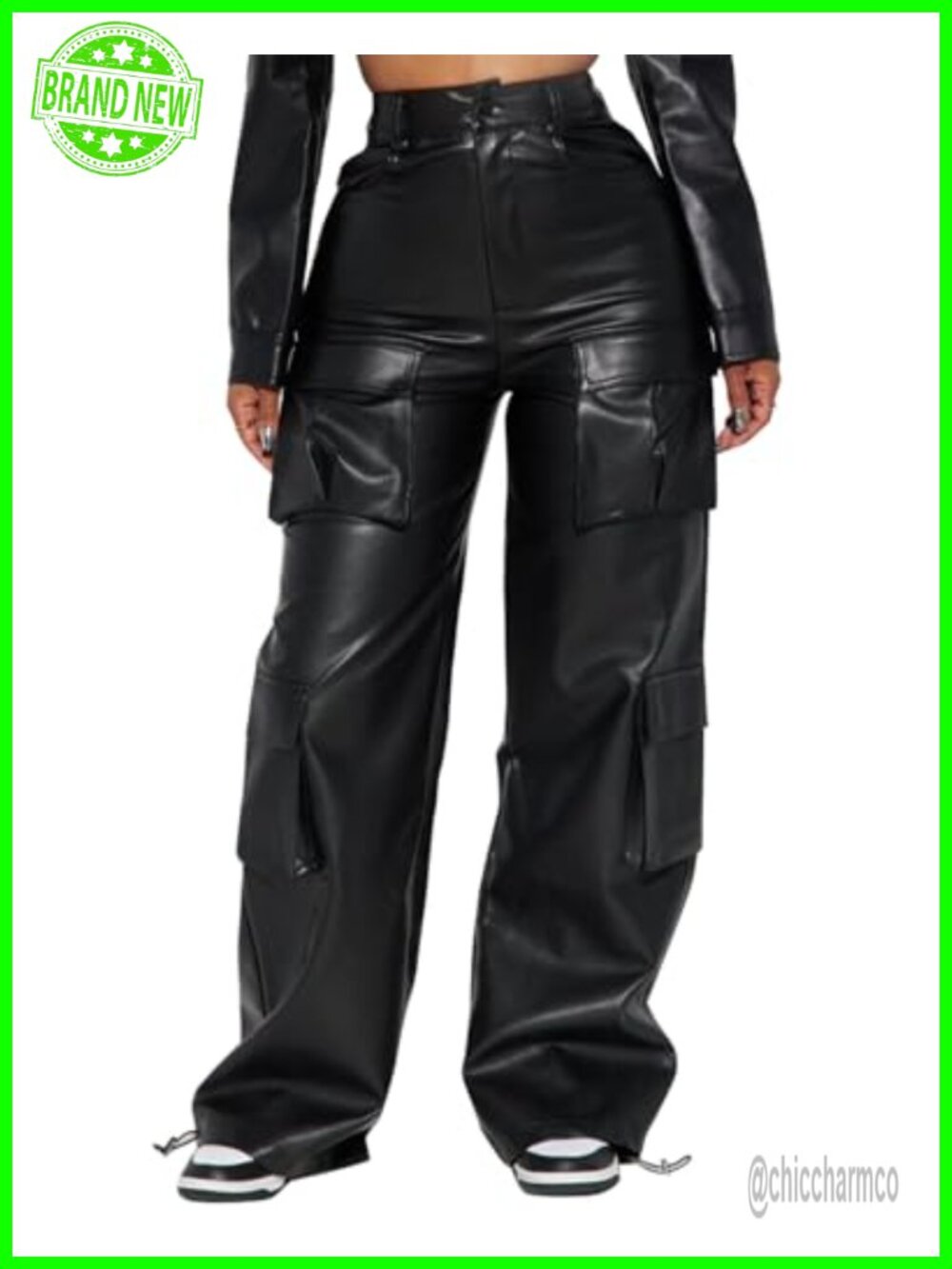 Faux Leather Cargo Pants High Waisted Wide Leg Y2K Style with Pockets